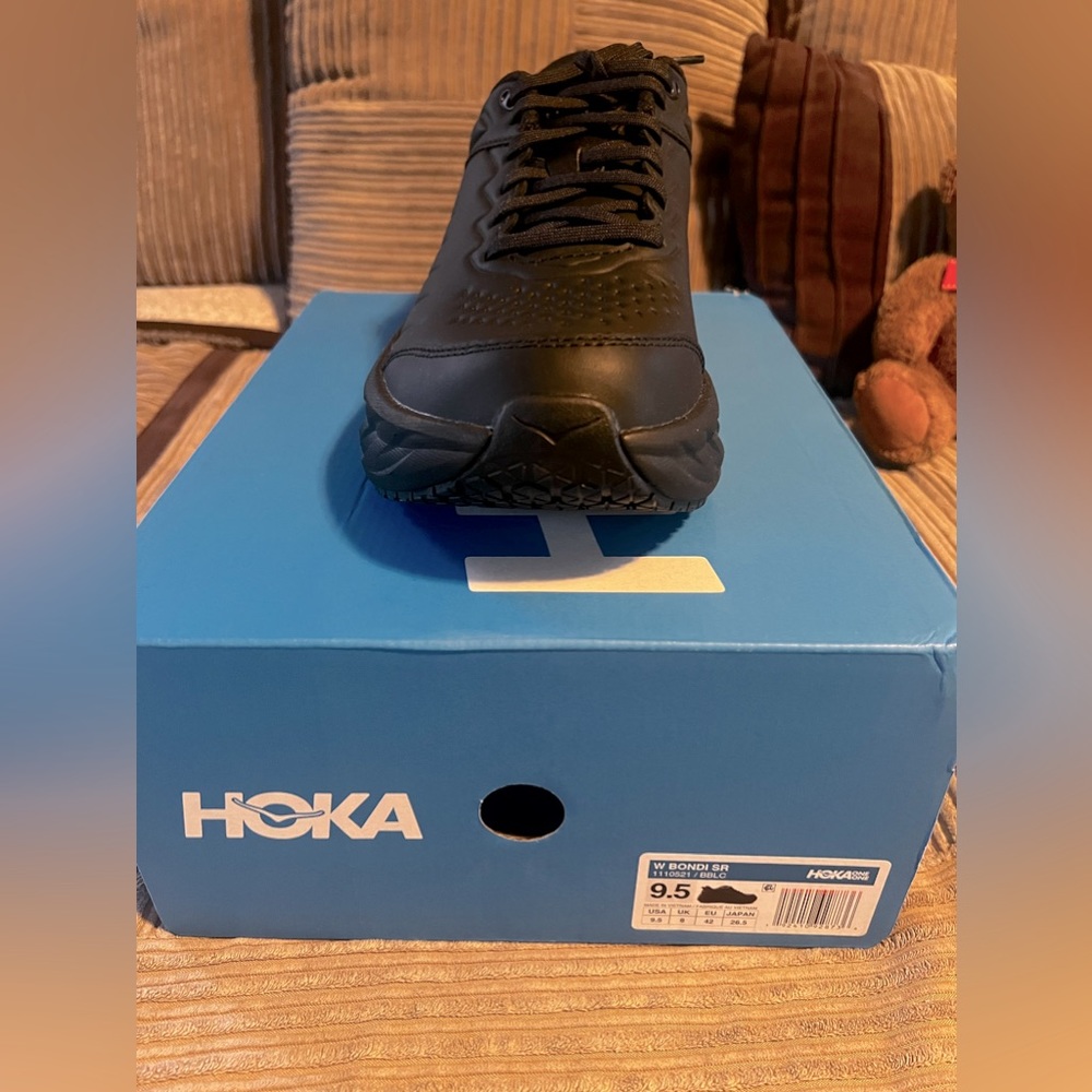 I have 2 pairs of black leather 9 1/2 Hoka slip resistant shoes. Sold separately